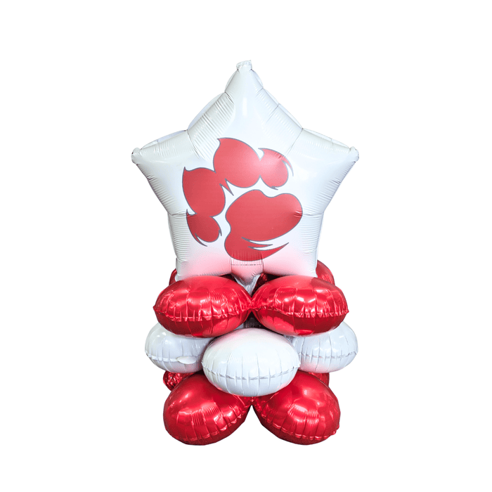 Decorative balloon arrangement with red and white paw print design on a white background