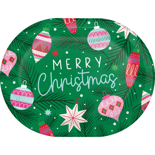 “Merry Christmas” Oval Serving Tray with Ornaments and Pine | 1ct - Zurchers