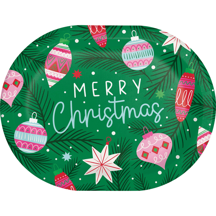 “Merry Christmas” Oval Serving Tray with Ornaments and Pine | 1ct - Zurchers