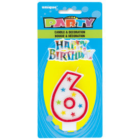 Number 6 Glitter Birthday Candle w/Cake Decoration | 1ct