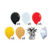 Alt text: Product kit image showing 4 black latex balloons, 3 white latex balloons, 4 red latex balloons, 3 yellow latex balloons, 3 gold latex balloons, a matching balloon weight, and a balloon transport bag.