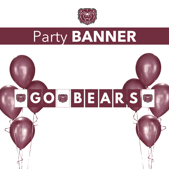 Party banner with 'GO BEARS' text and balloons on a white background