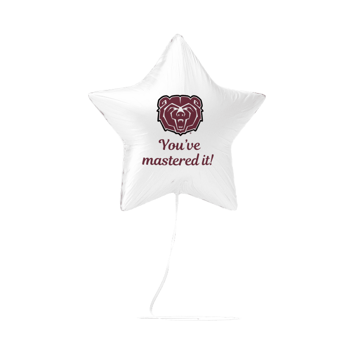 White star-shaped balloon with a bear logo and text on a white background