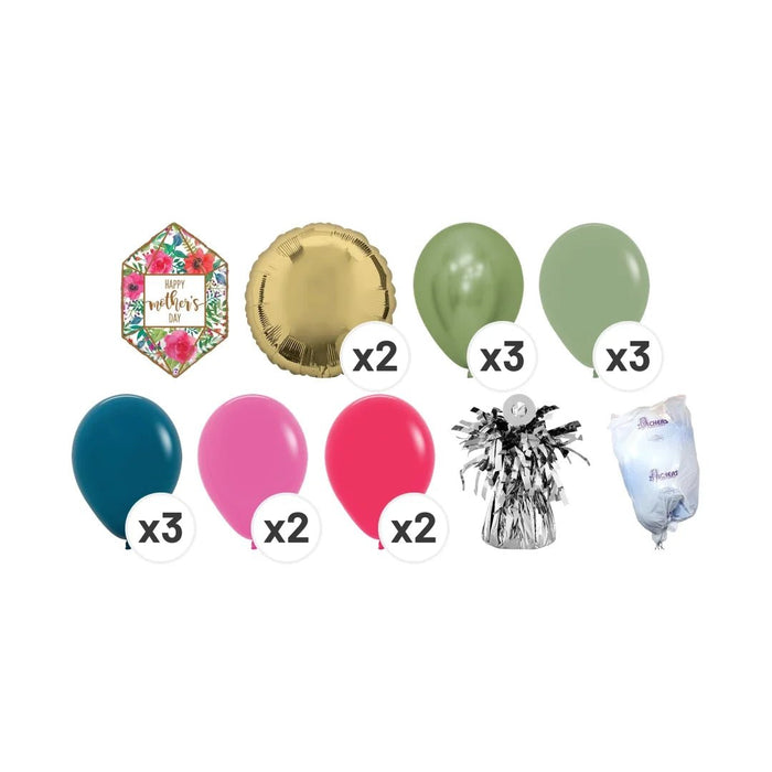 Mother’s Day Greenhouse balloon bouquet product kit image showing a floral “Happy Mother’s Day” foil balloon, 2 gold round foil balloons, 3 metallic sage green latex balloons, 3 sage green latex balloons, 3 deep teal latex balloons, 2 pink latex balloons, 2 hot pink latex balloons, a matching balloon weight, and a balloon transport bag