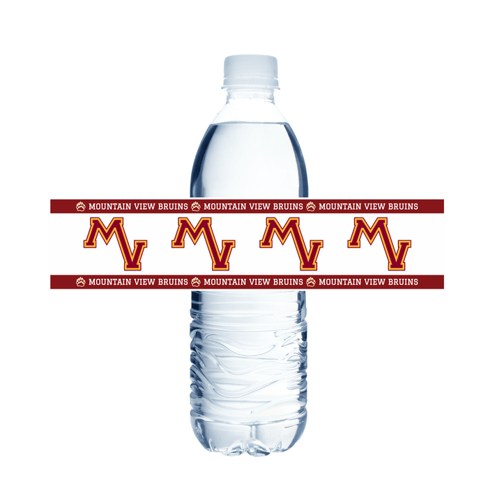 Clear water bottle with 'Mountain View Bruins' label on a white background