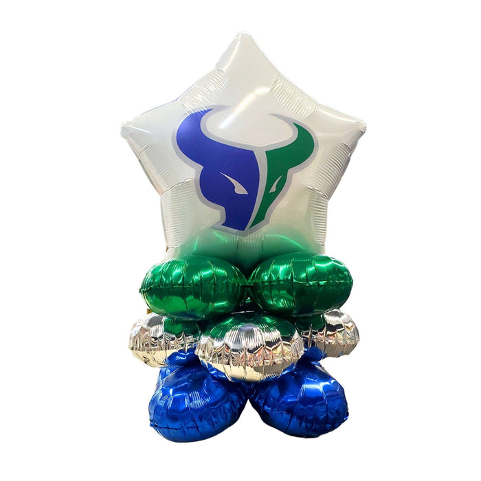 Decorative balloon arrangement with green, blue, and silver balloons on a white background