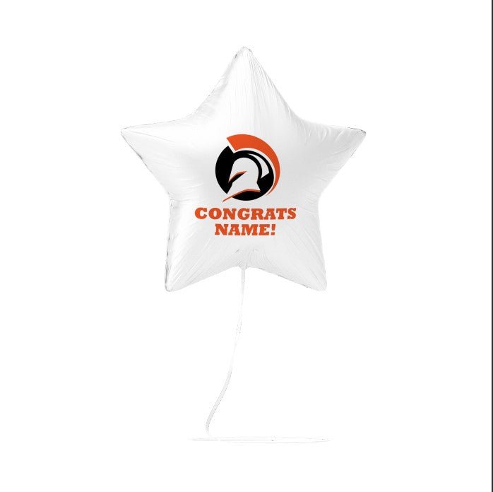 White star-shaped balloon with personalized text on a white background