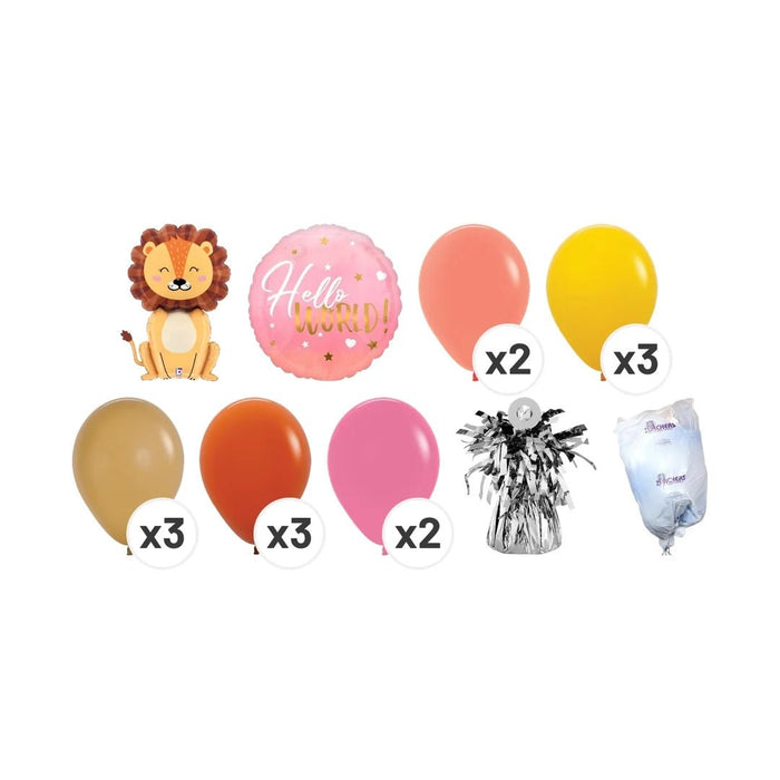 My Pride & Joy balloon bouquet product kit image showing a lion-shaped foil balloon, a pink “Hello World!” foil balloon, 2 coral latex balloons, 3 yellow latex balloons, 3 tan latex balloons, 3 burnt orange latex balloons, 2 pink latex balloons, a matching balloon weight, and a balloon transport bag.