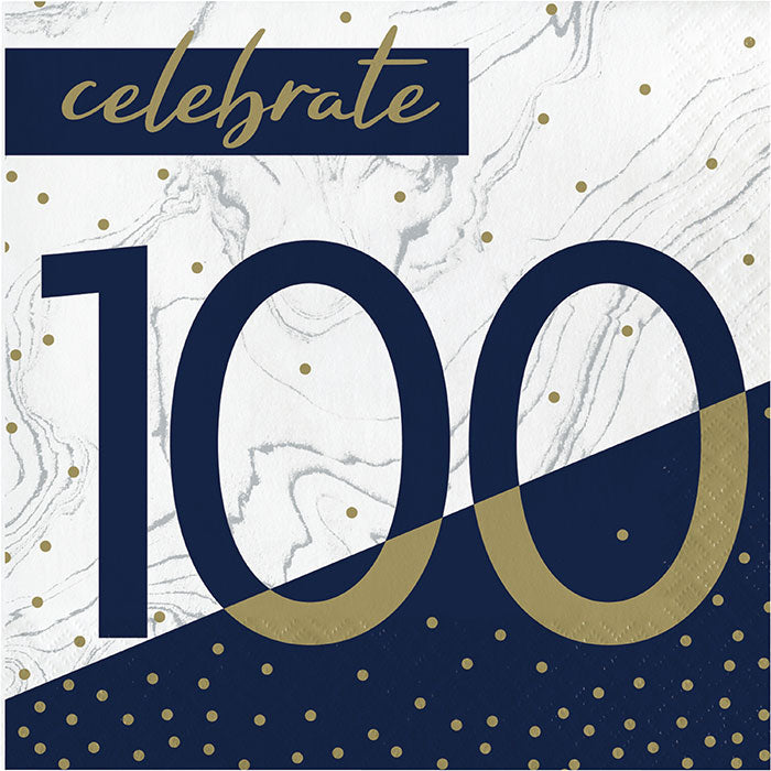 Navy & Gold Milestone Celebrate 100 Lunch Napkins | 16ct