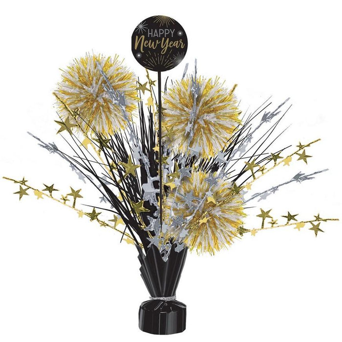 New Year's Black, Gold & Silver Pom - Pom Foil & Plastic Spray Centerpiece, 18in | 1ct - Zurchers