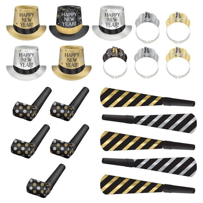 New Year's Black, Silver, & Gold Toast in Top Hats Party Kit 10 person | 20pc - Zurchers