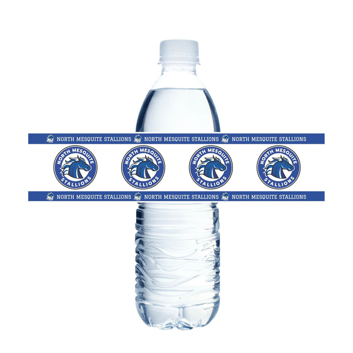 Water bottle with multiple 'North Mesquite Stallions' labels on a white background