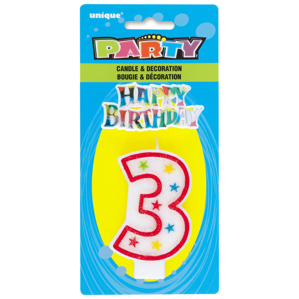 Number 3 Glitter Birthday Candle w/Cake Decoration | 1ct