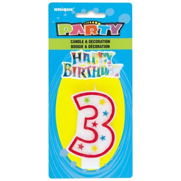 Number 3 Glitter Birthday Candle w/Cake Decoration | 1ct - Zurchers