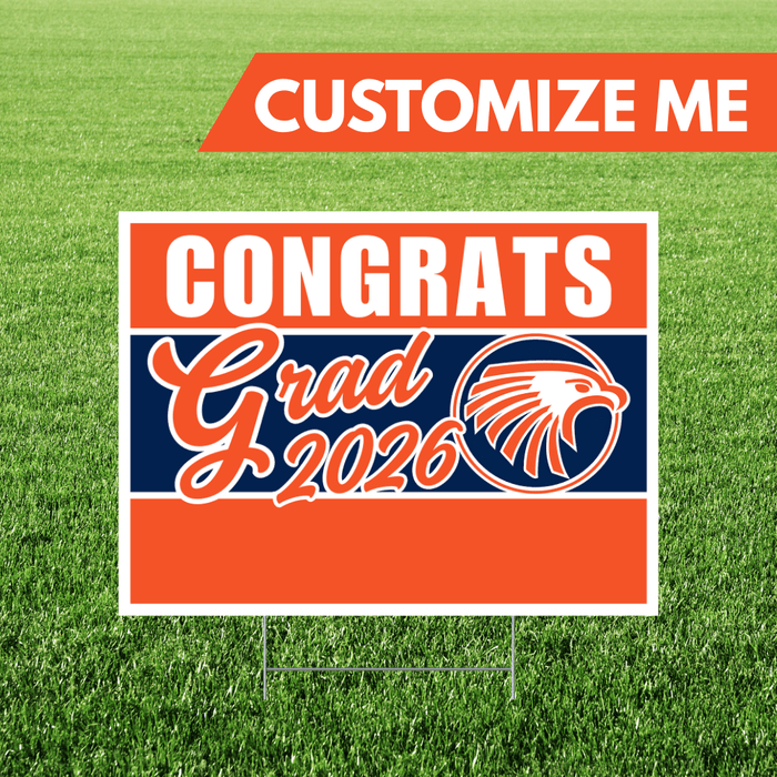 Graduation-themed customizable sign with 'Congrats Grad 2026' on a grass background