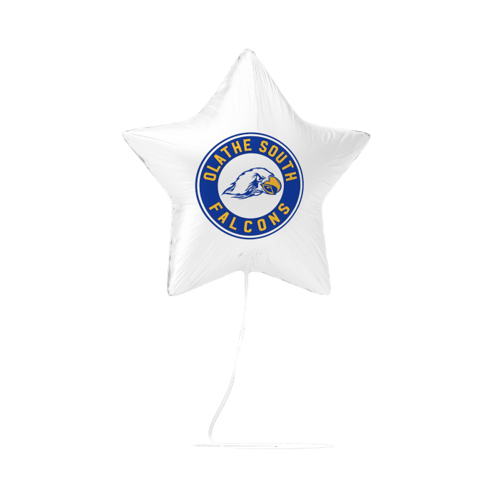 White star-shaped balloon with a logo and text on a white background