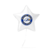 White star-shaped balloon with a logo and text on a white background
