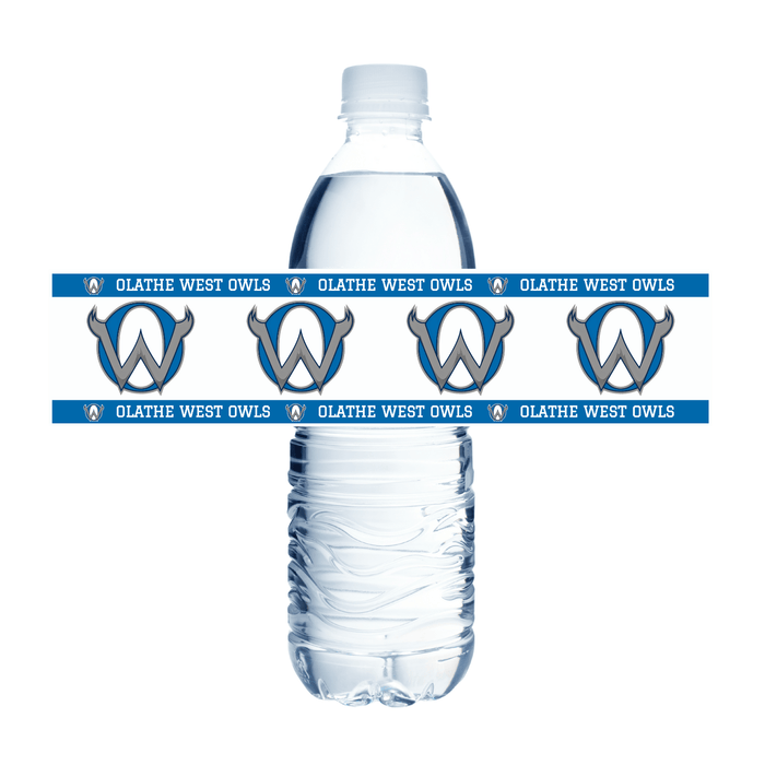 Clear water bottle with Olathe West Owls branding on a white background