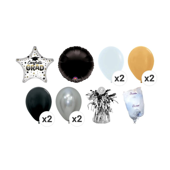 Ombre Grad mini balloon bouquet product kit image showing a white star-shaped “Congrats Grad” foil balloon, a black round foil balloon, 2 white latex balloons, 2 gold latex balloons, 2 black latex balloons, 2 silver latex balloons, a matching balloon weight, and a balloon transport bag.