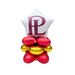 Balloon bouquet with a star-shaped white balloon featuring a logo, surrounded by red and gold balloons on a white background.