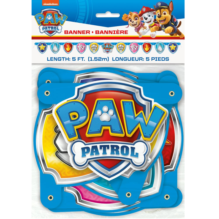 Paw Patrol banner packaging with colorful design and character images.