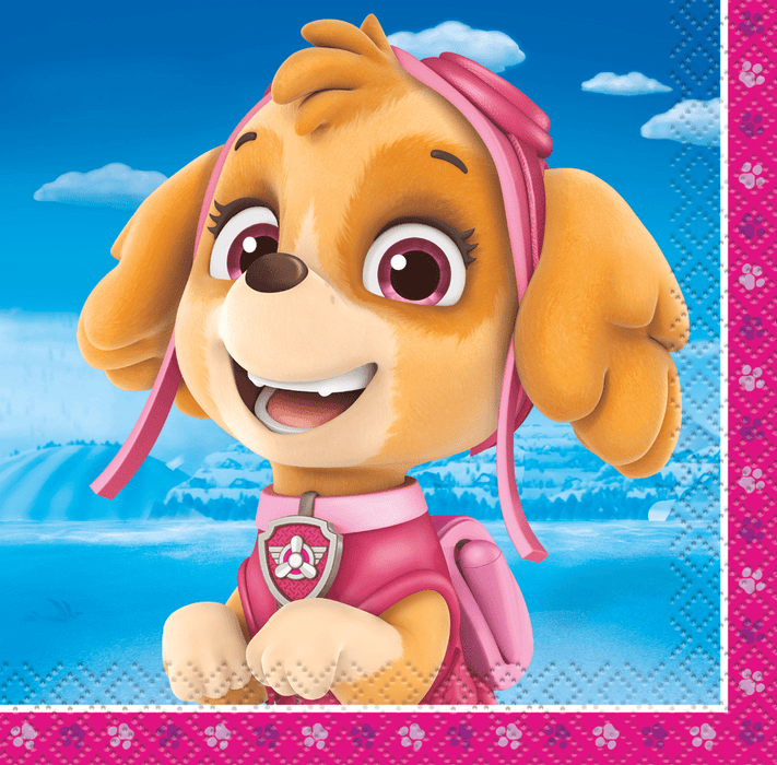 16ct beverage napkins : Cartoon dog character with pink helmet and backpack on a blue and pink background 
