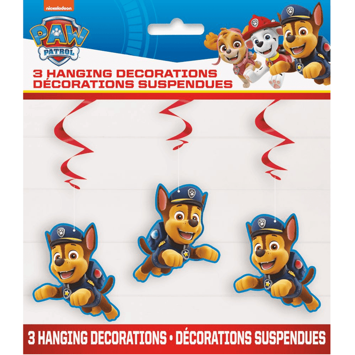 Paw Patrol hanging decorations on a white background with blue and red accents.