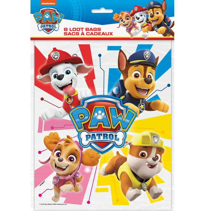 Paw Patrol loot bags packaging with cartoon characters on a white background