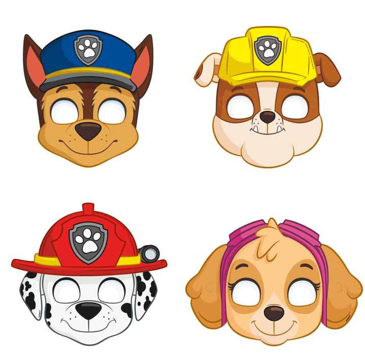 Four cartoon dog masks with different colored hats on a white background