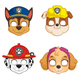 Four cartoon dog masks with different colored hats on a white background