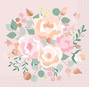 Beverage Napkins Pink Blooms Foil - Party Supplies