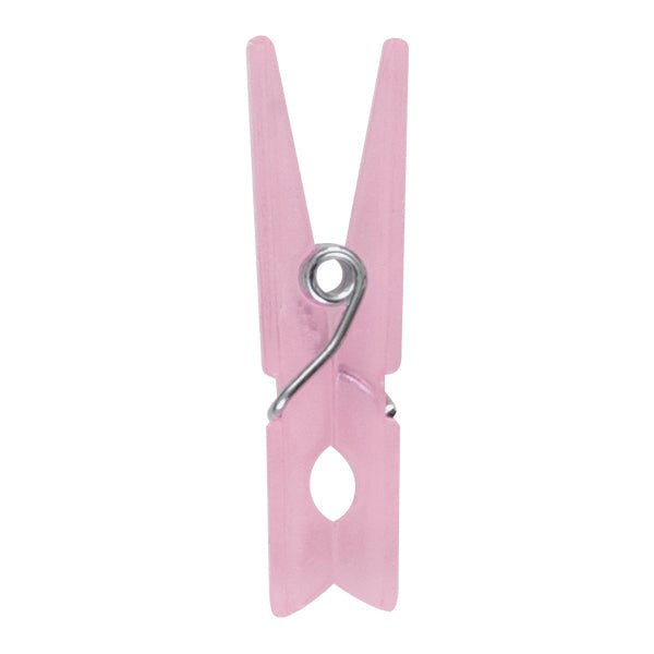 Pink clothespin with a silver metal spring, shown upright on a white background.