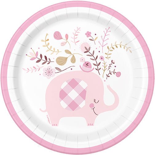 Pink Floral Elephant Round Plate 7in | 8ct