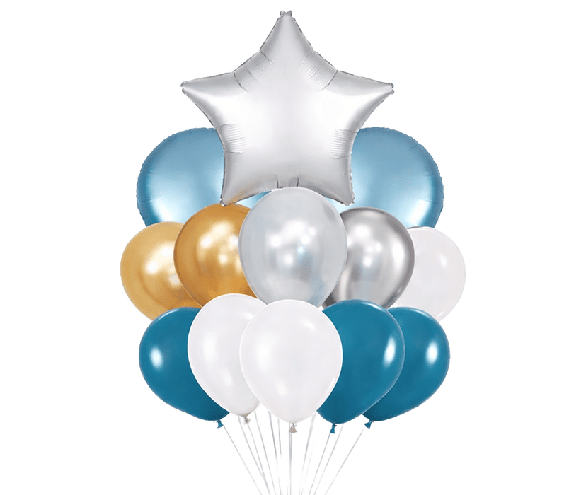 Balloon bouquet featuring a silver star-shaped foil balloon, two steel blue round mylar balloons, and white, gold, silver, and deep teal latex balloons.