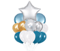 Balloon bouquet featuring a silver star-shaped foil balloon, two steel blue round mylar balloons, and white, gold, silver, and deep teal latex balloons.