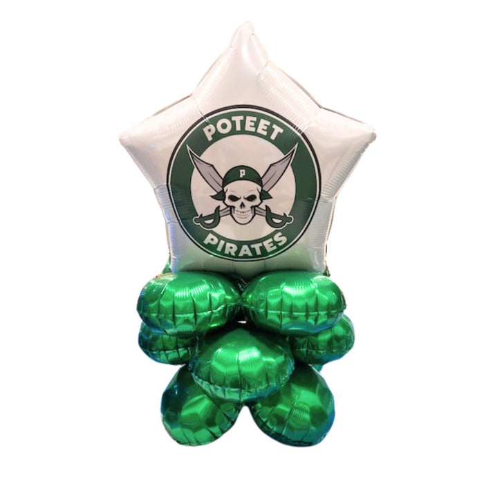 Star-shaped balloon with 'Poteet Pirates' logo on a white background