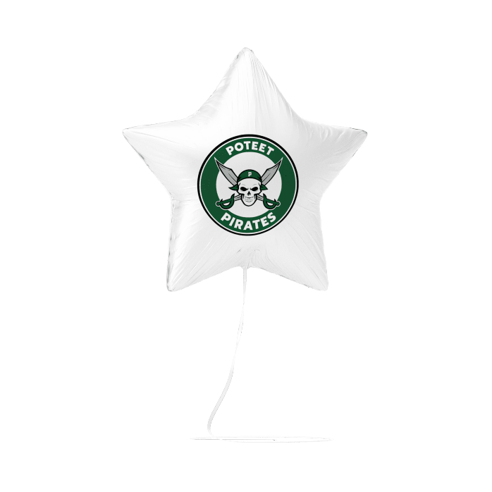 White star-shaped balloon with a green and black logo on a white background