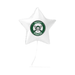 White star-shaped balloon with a green and black logo on a white background