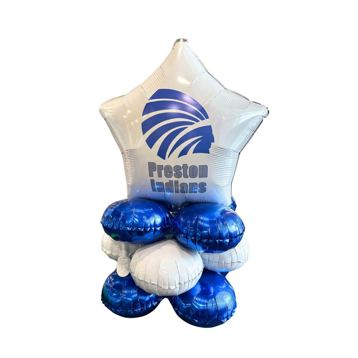 Balloon bouquet with Preston Indians logo on a white background