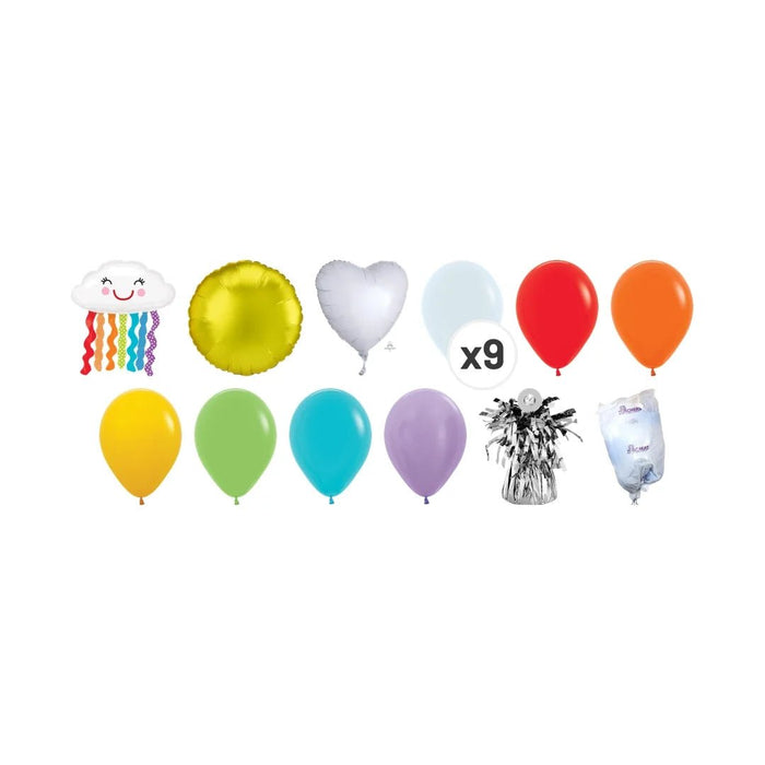 Rainbow in the Clouds balloon bouquet product kit image showing a smiling cloud with rainbow streamers foil balloon, a yellow round foil balloon, a white heart-shaped foil balloon, 9 white latex balloons, and latex balloons in red, orange, yellow, light green, teal, and lavender, plus a matching balloon weight and balloon transport bag.
