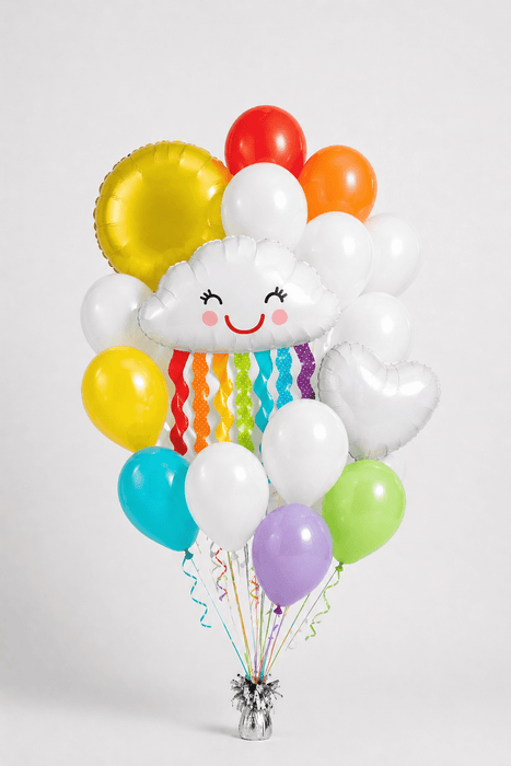 Rainbow cloud balloon bouquet featuring a smiling white cloud-shaped foil balloon with rainbow streamers, a white heart-shaped foil balloon, a yellow round foil balloon, and white, red, orange, yellow, lime green, turquoise and lavender latex balloons with curling ribbons.