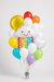 Rainbow cloud balloon bouquet featuring a smiling white cloud-shaped foil balloon with rainbow streamers, a white heart-shaped foil balloon, a yellow round foil balloon, and white, red, orange, yellow, lime green, turquoise and lavender latex balloons with curling ribbons.