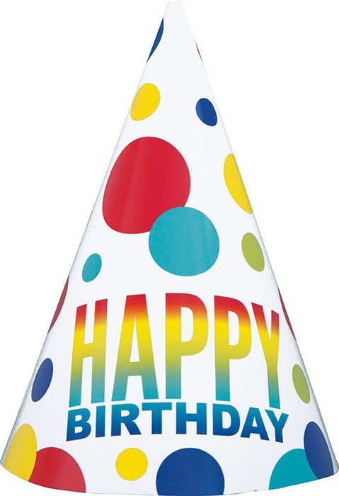 8ct Rainbow Spots Birthday Hats - party supplies