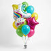Retro roller skate balloon bouquet featuring a white roller skate-shaped foil balloon with rainbow and star details, an “Awesome” foil balloon, a hot pink star-shaped foil balloon, and yellow, green, teal, and hot pink latex balloons with curling ribbons.