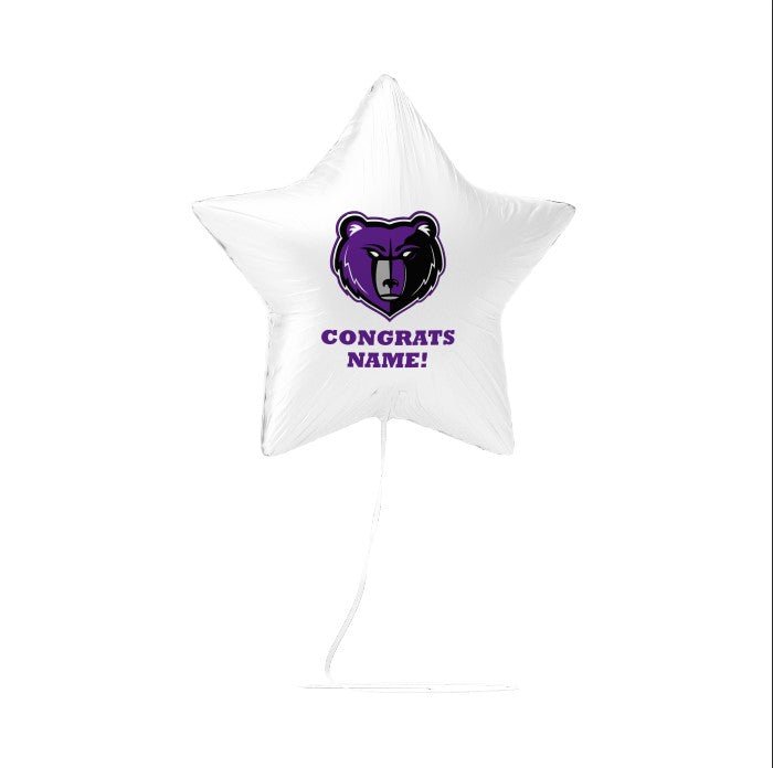 White star-shaped balloon with a logo and 'Congrats Name!' text on a white background