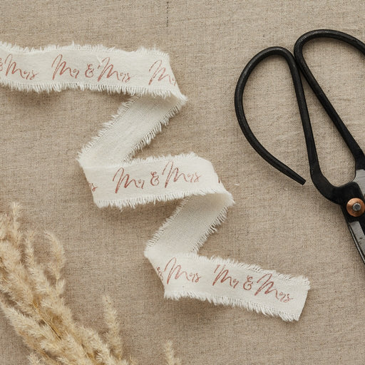 Rose Gold Mr & Mrs Frayed White Cotton Ribbon | 1ct