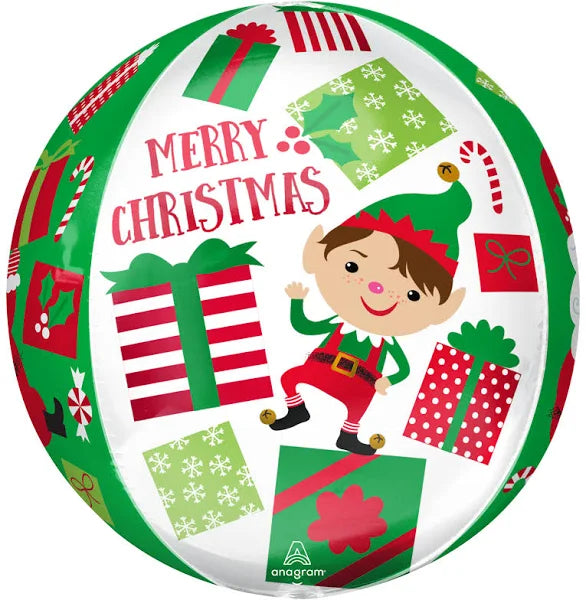 A sphere shaped 15" Christmas Santa & Elf Orbz Balloon.