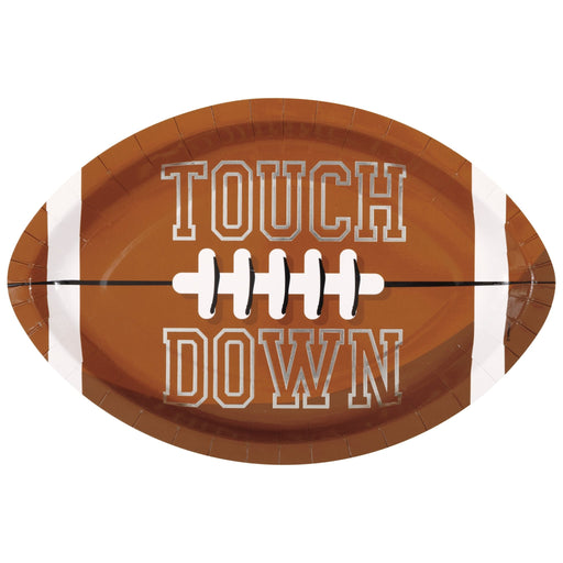 Silver Touch Down Game Face Football Shaped Plate 12in | 8ct