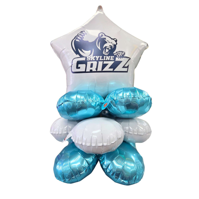 Balloon bouquet with 'Skylime Grizz' logo on a white background