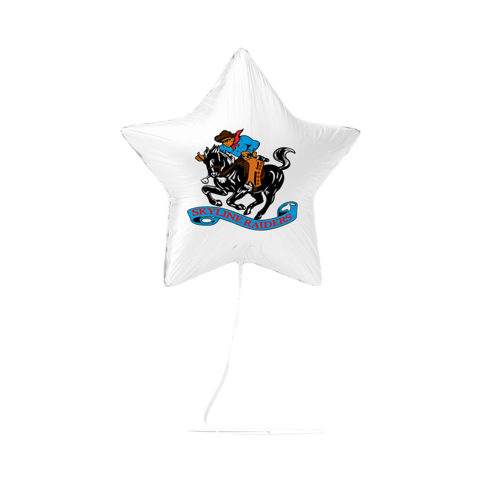 White star-shaped balloon with a logo and text on a white background